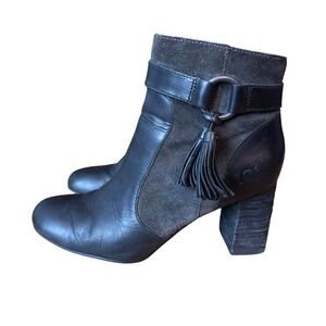 Born sz 7 Toco Black Leather and Suede Tastle Ankle Boots Stacked Heel Size Boho